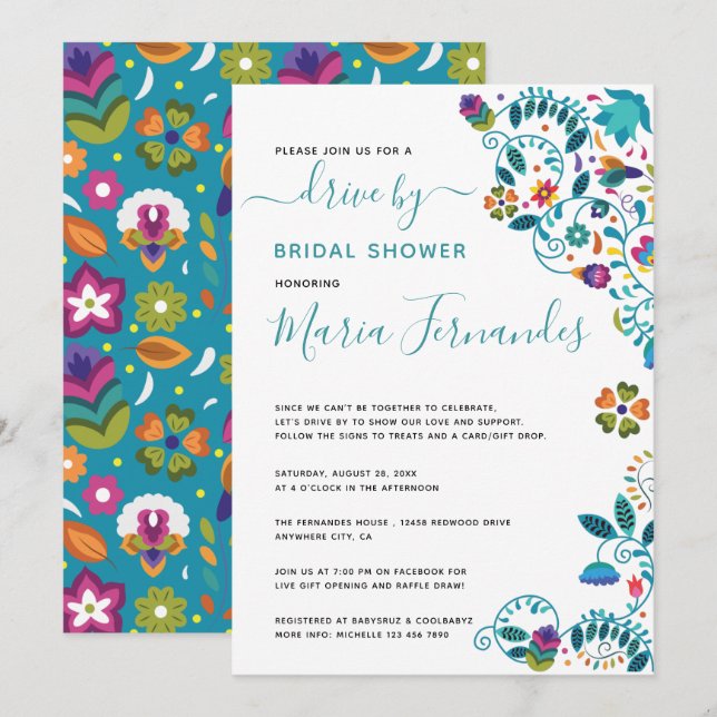 Floral mexikanischer Style Drive by Brautparty Einladung (Vorne/Hinten)