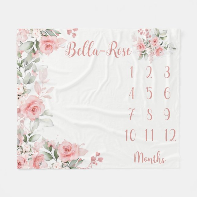 Floral Milestone Blanket Girl Pink Roses Baby Mont Fleecedecke (Vorderseite (Horizontal))