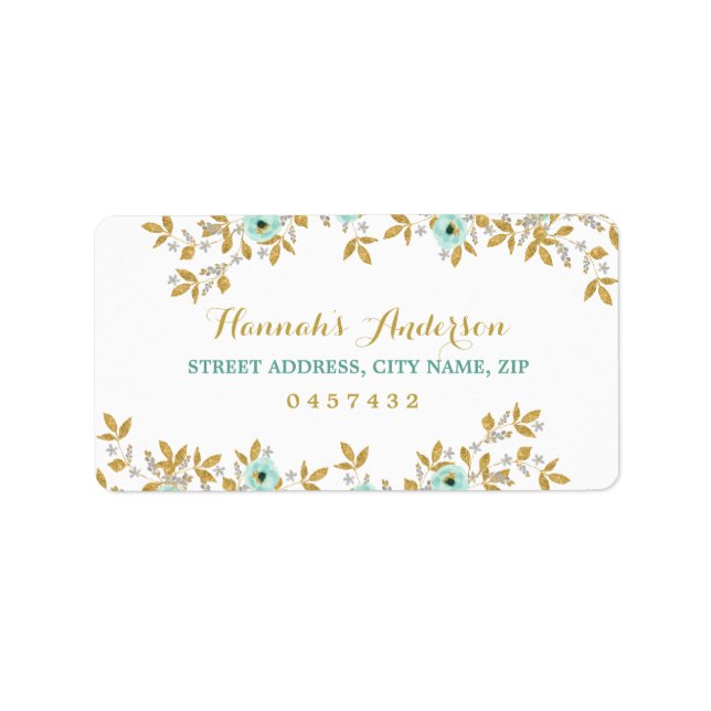 Floral Mint Gold Address Labels Adressaufkleber (Vorne)