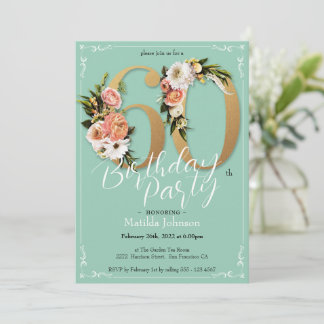 Floral Mint Gold Vintag Glamour 60. Geburtstag Einladung