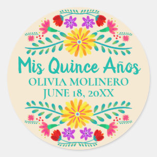 Floral Mis Quince Anos Champagne Mexican Fiesta Runder Aufkleber