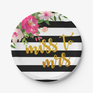 Floral Miss Frau Plate - Schwarz & Weiß Streifen Pappteller