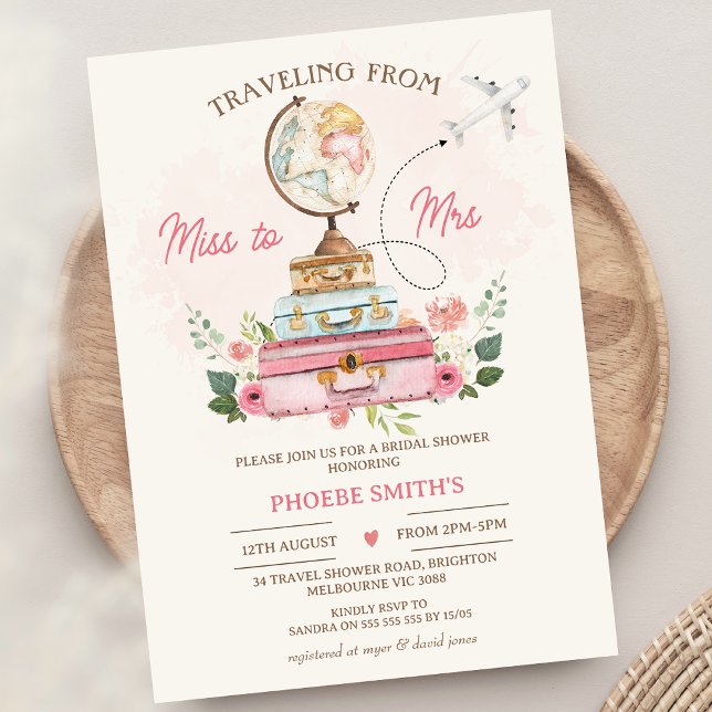 Floral Miss zu Mrs. Travel Themed Brautparty Einladung (Travel Themed Bridal Shower Invitation Traveling From Miss to Mrs Bridal Shower Invite World Globe)