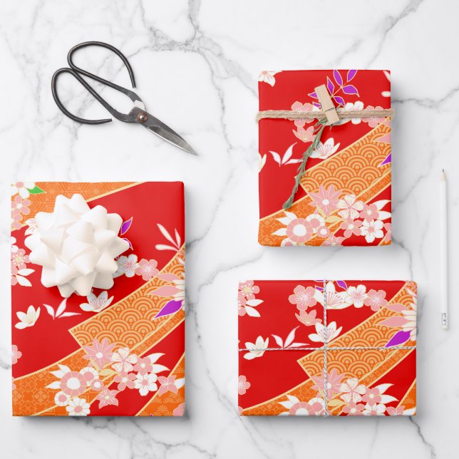 Floral Mix Kimono Pattern Geschenkpapier Set (Vorderseite)