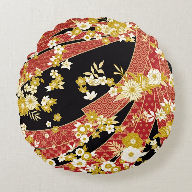 Floral Mix Kimono Pattern Rundes Kissen (Vorderseite)