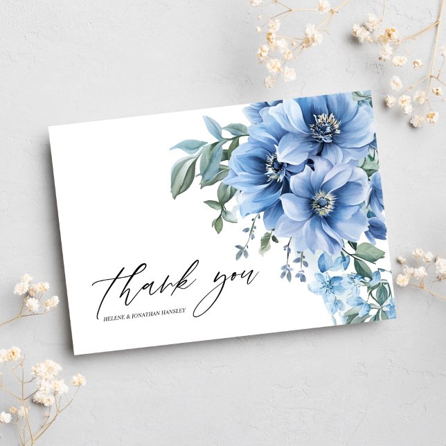 Floral Modern Elegant Dusty Blue Wedding Dankeskarte (Floral Modern Elegant Dusty Blue Wedding Thank You Card)