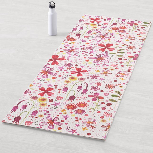 Floral Modernes Aquarellmuster Yogamatte (Bold watercolor floral pink red white purple yoga mat)