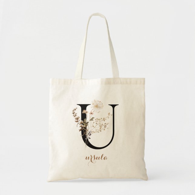 Floral Modernes Personalisiertes Monogramm Letter  Tragetasche (Vorne)