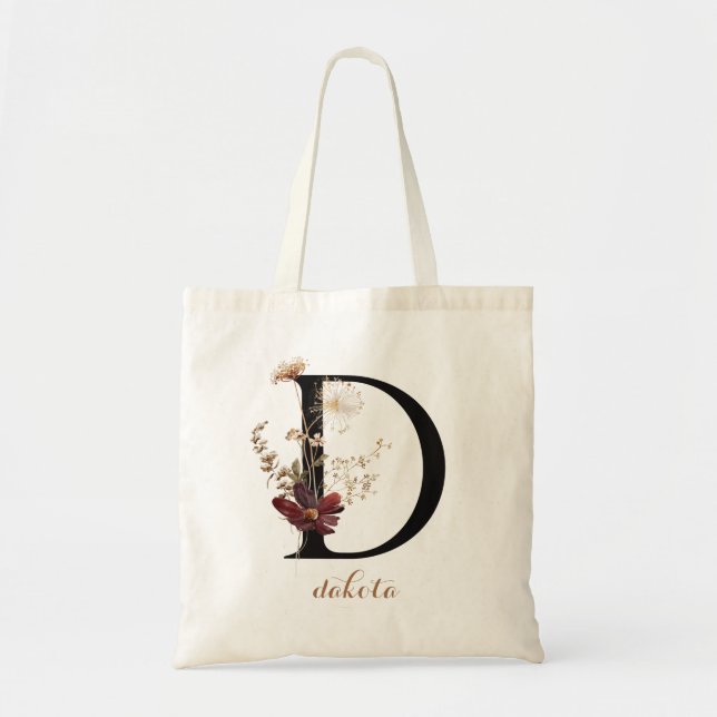 Floral Modernes Personalisiertes Monogramm Letter  Tragetasche (Vorne)