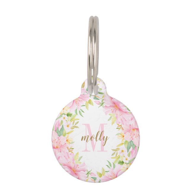 Floral Monogram, Botanfarbener Rosa Haustiermarke (Vorderseite)