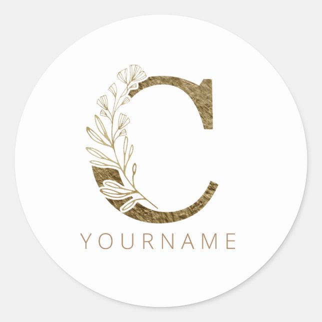 Floral Monogram C Elegant Gold Foliage Runder Aufkleber (Vorderseite)