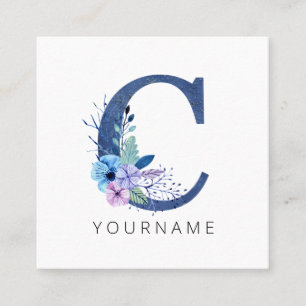 Floral Monogram C Winter Blue Blossoms Quadratische Visitenkarte