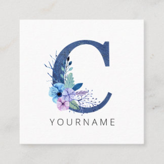 Floral Monogram C Winter Blue Blossoms Quadratische Visitenkarte