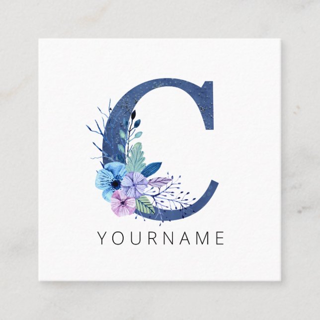 Floral Monogram C Winter Blue Blossoms Quadratische Visitenkarte (Vorderseite)