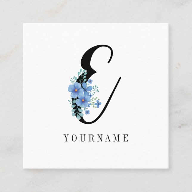 Floral Monogram E Blue Blume Burst Quadratische Visitenkarte (Vorderseite)