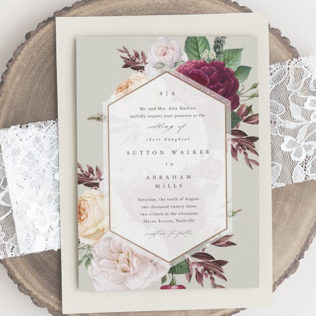 Floral Monogram Fall Wedding Einladung (Vintage floral bouquet ivory wedding invitations.)