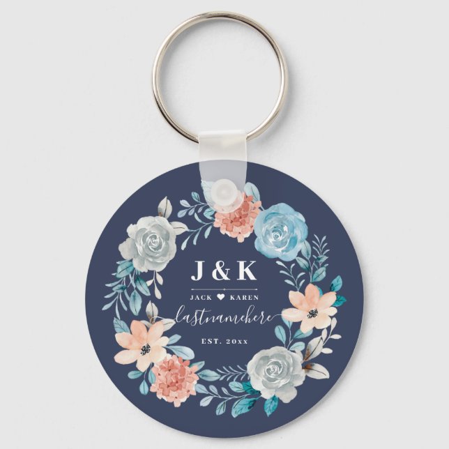 Floral Monogram Initials Custom Family Name  Schlüsselanhänger (Vorderseite)