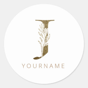 Floral Monogram J Elegant Gold Foliage Runder Aufkleber