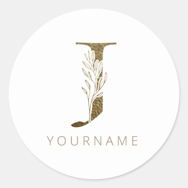Floral Monogram J Elegant Gold Foliage Runder Aufkleber (Vorderseite)