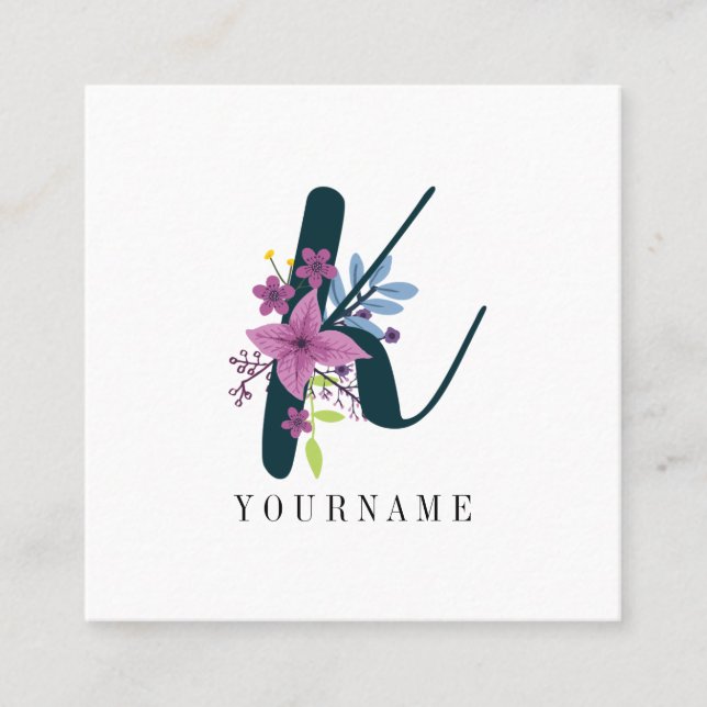 Floral Monogram K Wildblume Burst Quadratische Visitenkarte (Vorderseite)