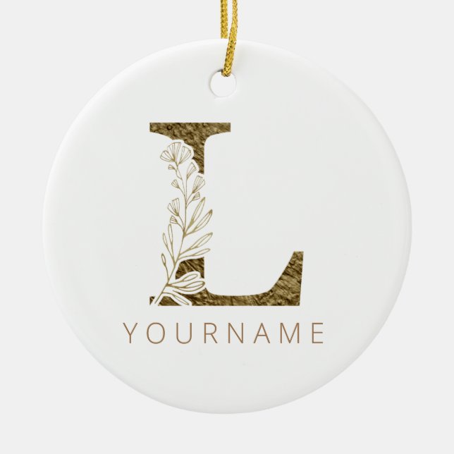 Floral Monogram L Elegant Gold Foliage Keramik Ornament (Vorne)