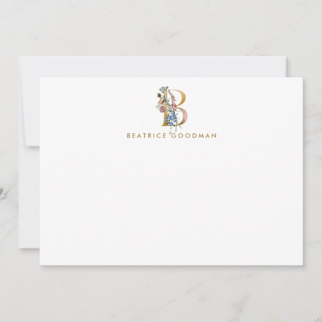 Floral Monogram Letter B Blue & Gold Personalisier Mitteilungskarte (Vorderseite)