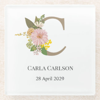 Floral Monogram Letter C Custom Name and Date Glasuntersetzer