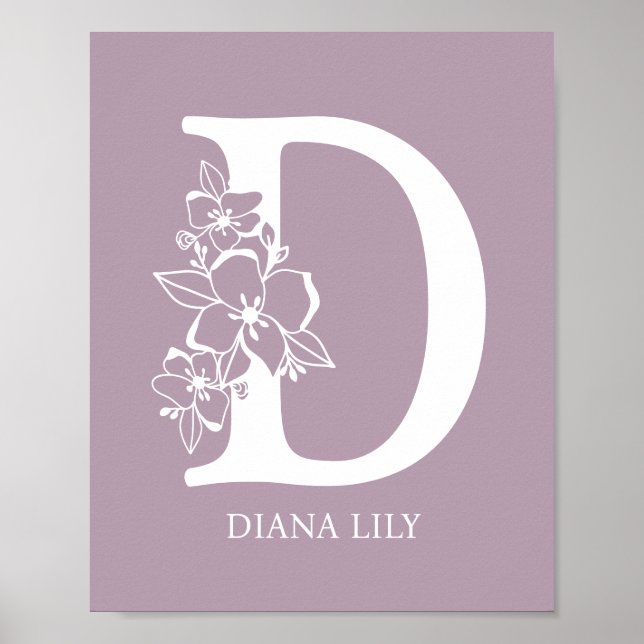Floral Monogram Letter D Name Nursery Modern  Poster (Vorne)