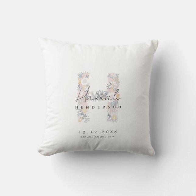 Floral Monogram Letter H Baby Birth Stats Kissen (Vorderseite)