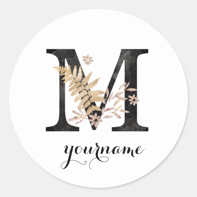 Floral Monogram M Black Gold Flora Runder Aufkleber (Vorderseite)