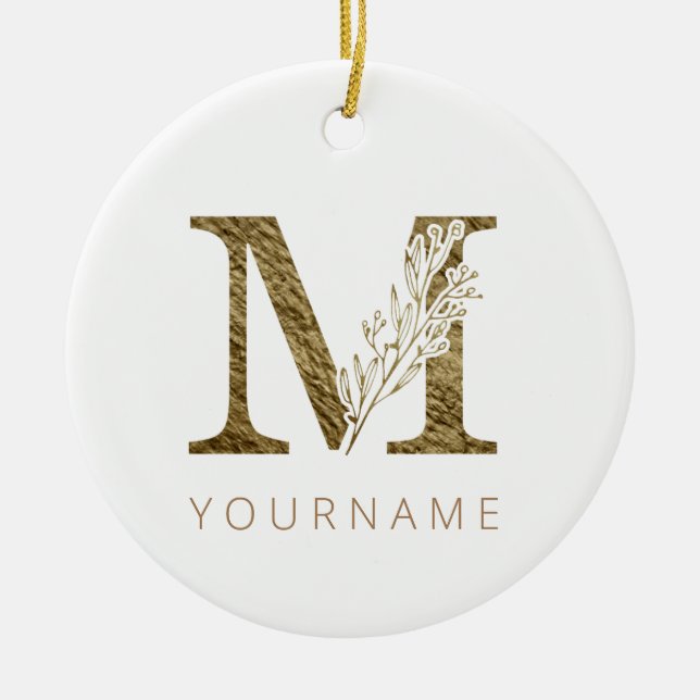 Floral Monogram M Elegant Gold Foliage Keramik Ornament (Vorne)