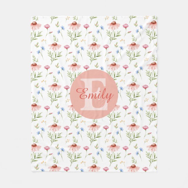 Floral Monogram Name Fleece Blanket For Girls (Vorderseite)