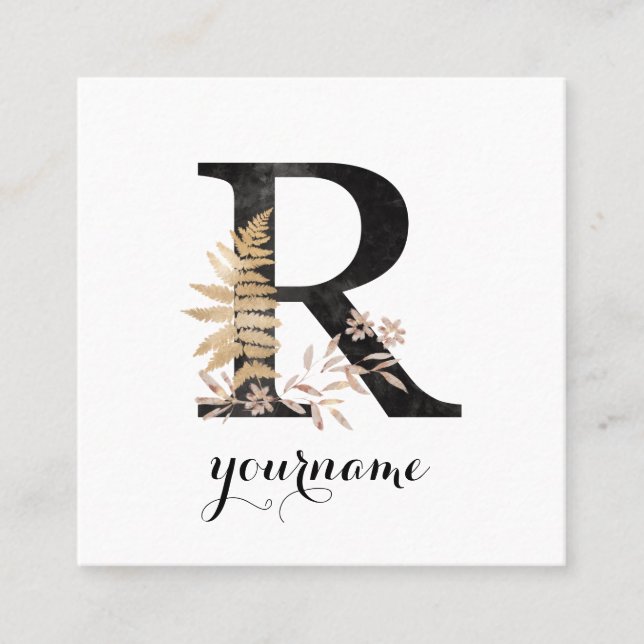 Floral Monogram R Black Gold Flora Quadratische Visitenkarte (Vorderseite)