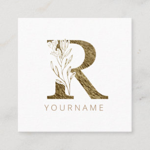 Floral Monogram R Elegant Gold Foliage Quadratische Visitenkarte