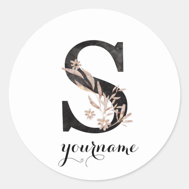 Floral Monogram S Black Gold Flora Runder Aufkleber (Vorderseite)