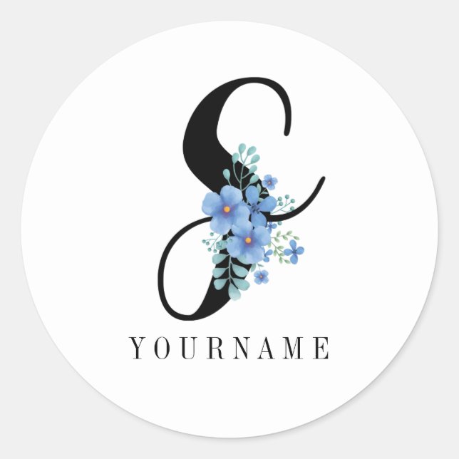 Floral Monogram S Blue Blume Burst Runder Aufkleber (Vorderseite)