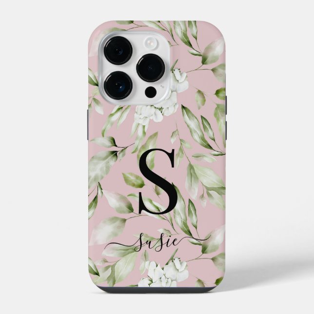 Floral Monogram Script Name protective iPhone 14 Pro Hülle (Rückseite)