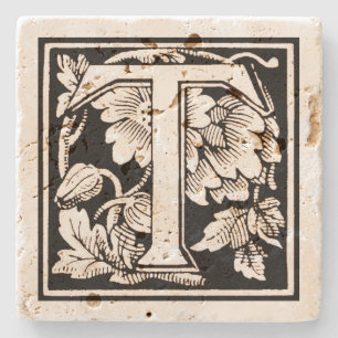 Floral Monogram 'T' auf dem Sepia-Platz Steinuntersetzer