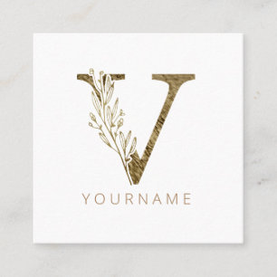 Floral Monogram V Elegant Gold Foliage Quadratische Visitenkarte