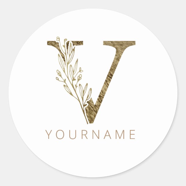 Floral Monogram V Elegant Gold Foliage Runder Aufkleber (Vorderseite)