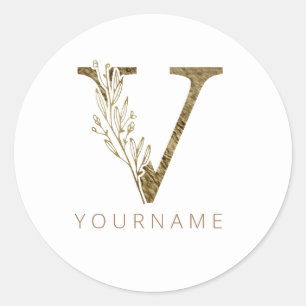 Floral Monogram V Elegant Gold Foliage Runder Aufkleber