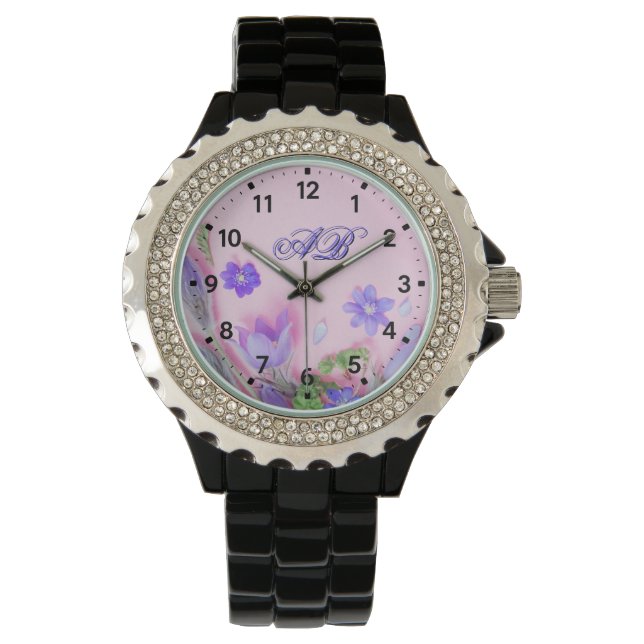 Floral Monogram Watch | Blue Wildflowers Rhineston Armbanduhr (Vorderseite)