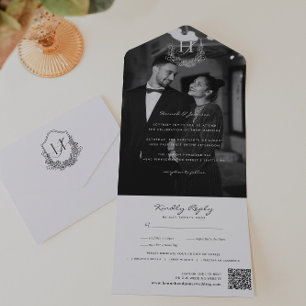 Floral Monogram Wedding Foto QR Code All In One Einladung