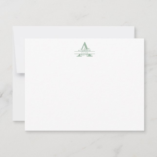 Floral Monogram with Green Gingham Note Card Mitteilungskarte (Vorderseite)