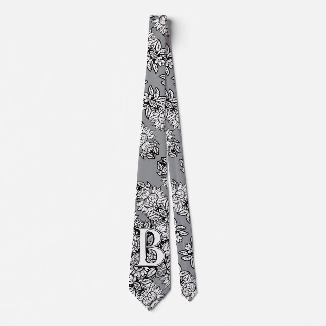 Floral Monogramm "B" Schwarz-Weiß-Tattoo-Blume Krawatte (Vorderseite)