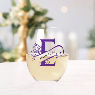 Floral Monogramm Buchstabe E Farbe Name ändern Weinglas Ohne Stiel