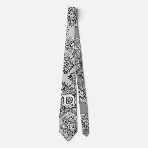 Floral Monogramm "D" Schwarz-Weiß-Tattoo-Blume Krawatte