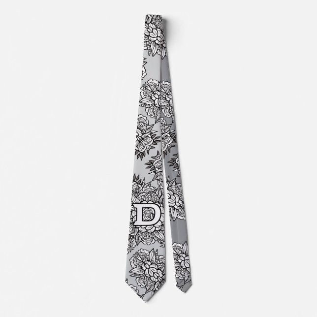 Floral Monogramm "D" Schwarz-Weiß-Tattoo-Blume Krawatte (Vorderseite)
