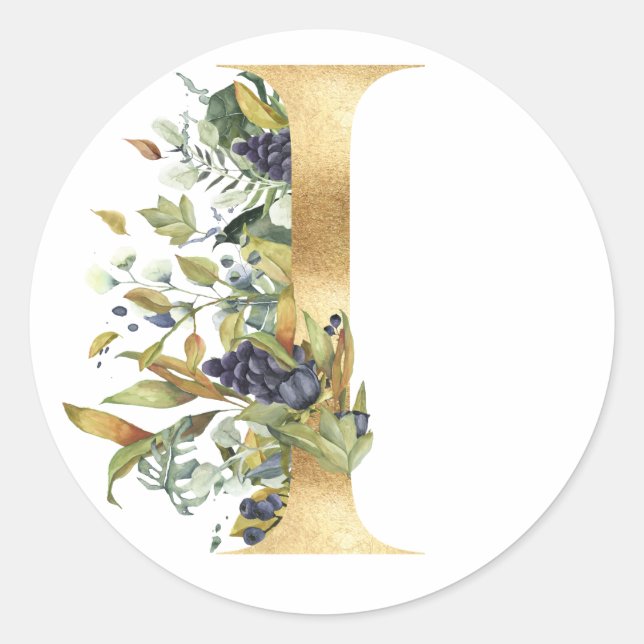 Floral Monogramm in Gold Klassischer Rundsticker Runder Aufkleber (Vorderseite)