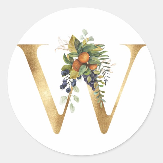 Floral Monogramm in Gold Klassischer Rundsticker Runder Aufkleber (Vorderseite)